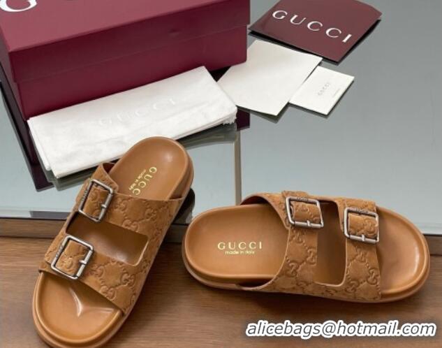 est Grade Gucci GG Suede Flat Slides Sandal with Buckle Brown 2025 GG042302 