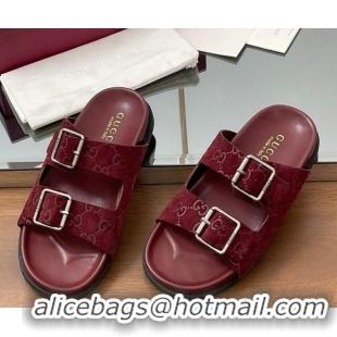 Hot Style Gucci GG Suede Flat Slides Sandal with Buckle Burgundy 2025 GG042302
