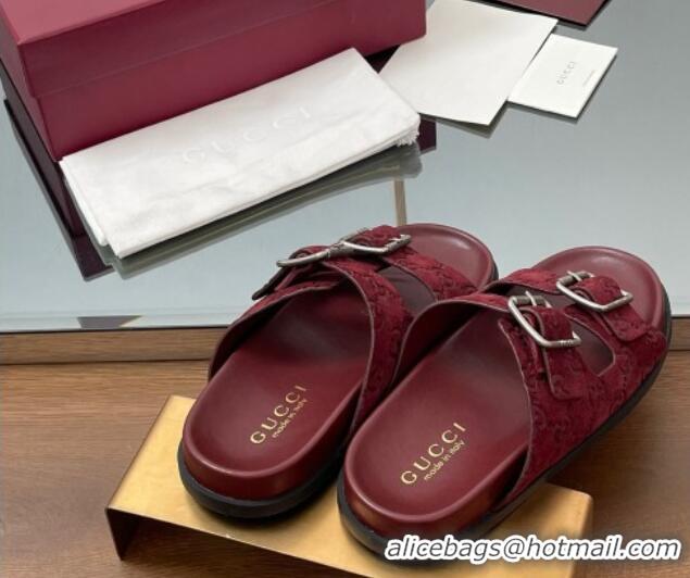 Hot Style Gucci GG Suede Flat Slides Sandal with Buckle Burgundy 2025 GG042302