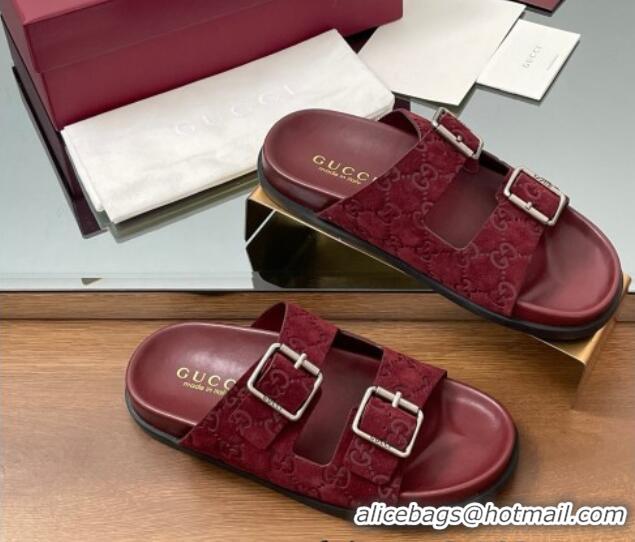 Hot Style Gucci GG Suede Flat Slides Sandal with Buckle Burgundy 2025 GG042302