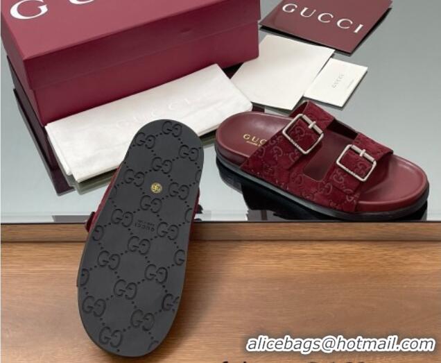 Hot Style Gucci GG Suede Flat Slides Sandal with Buckle Burgundy 2025 GG042302