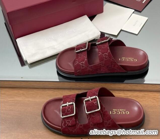 Hot Style Gucci GG Suede Flat Slides Sandal with Buckle Burgundy 2025 GG042302