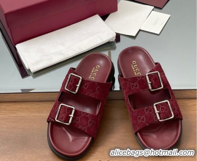 Hot Style Gucci GG Suede Flat Slides Sandal with Buckle Burgundy 2025 GG042302