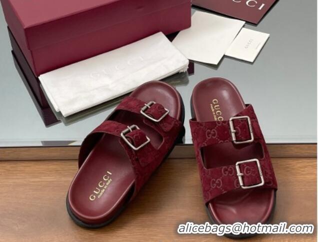 Hot Style Gucci GG Suede Flat Slides Sandal with Buckle Burgundy 2025 GG042302
