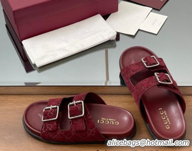 Hot Style Gucci GG Suede Flat Slides Sandal with Buckle Burgundy 2025 GG042302