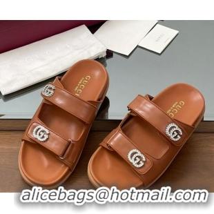 Duplicate Gucci Leather Flat Slides Sandal with Strass Double G Brown 2025 816633