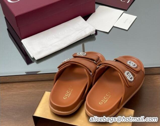 Duplicate Gucci Leather Flat Slides Sandal with Strass Double G Brown 2025 816633