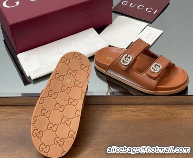 Duplicate Gucci Leather Flat Slides Sandal with Strass Double G Brown 2025 816633