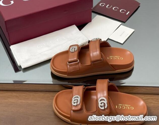 Duplicate Gucci Leather Flat Slides Sandal with Strass Double G Brown 2025 816633