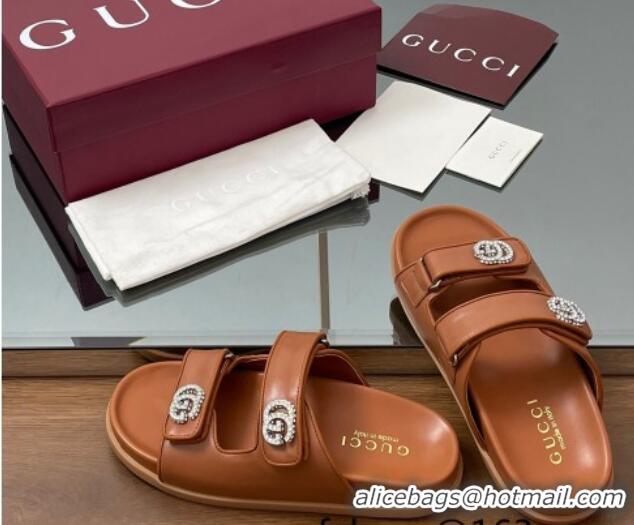 Duplicate Gucci Leather Flat Slides Sandal with Strass Double G Brown 2025 816633