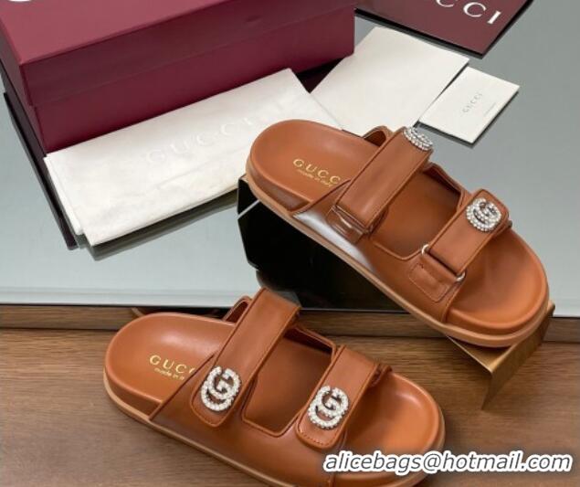 Duplicate Gucci Leather Flat Slides Sandal with Strass Double G Brown 2025 816633