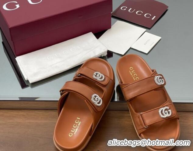 Duplicate Gucci Leather Flat Slides Sandal with Strass Double G Brown 2025 816633