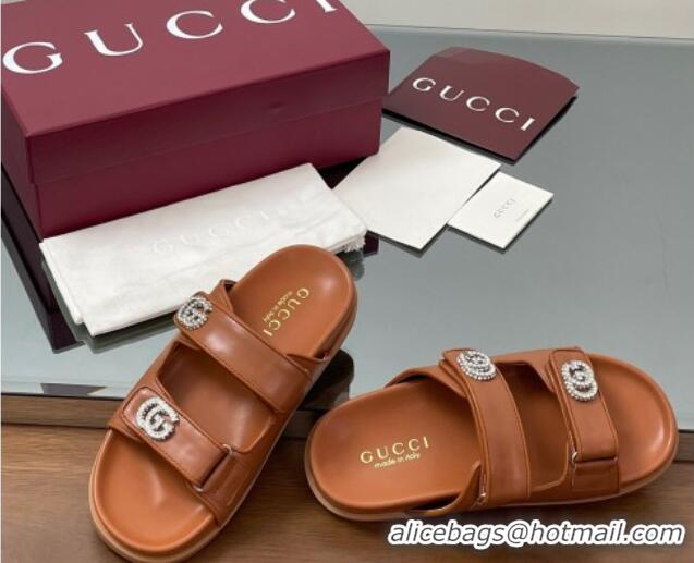 Duplicate Gucci Leather Flat Slides Sandal with Strass Double G Brown 2025 816633