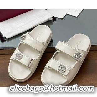 Sophisticated Gucci Leather Flat Slides Sandal with Strass Double G White 2025 816633