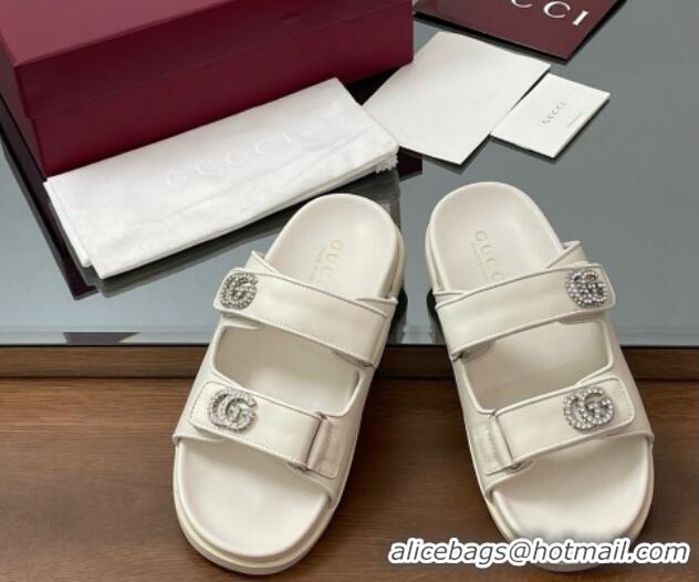 Sophisticated Gucci Leather Flat Slides Sandal with Strass Double G White 2025 816633