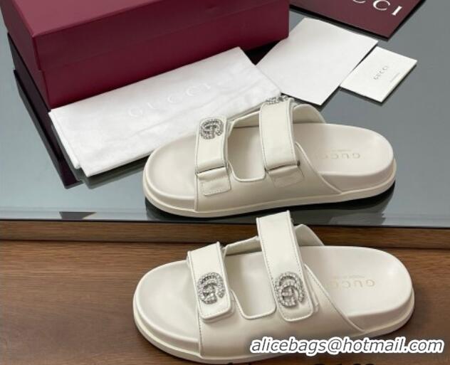 Sophisticated Gucci Leather Flat Slides Sandal with Strass Double G White 2025 816633