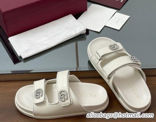 Sophisticated Gucci Leather Flat Slides Sandal with Strass Double G White 2025 816633