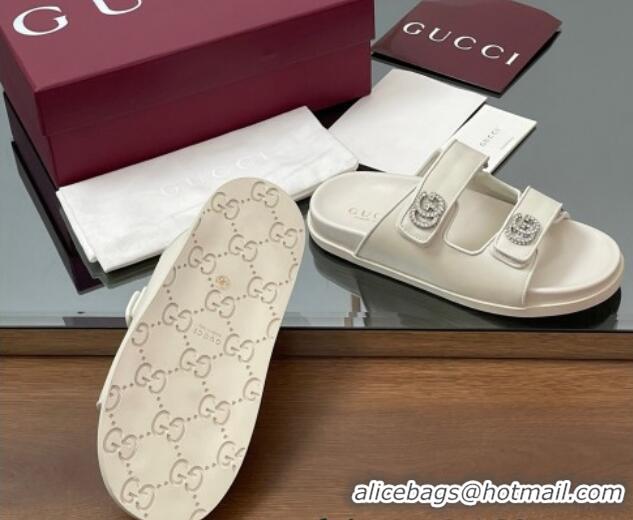Sophisticated Gucci Leather Flat Slides Sandal with Strass Double G White 2025 816633