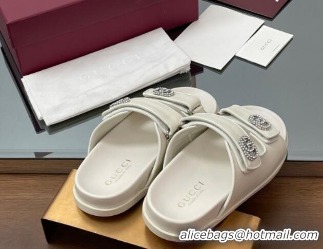 Sophisticated Gucci Leather Flat Slides Sandal with Strass Double G White 2025 816633