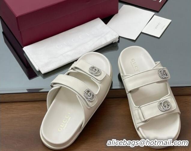 Sophisticated Gucci Leather Flat Slides Sandal with Strass Double G White 2025 816633