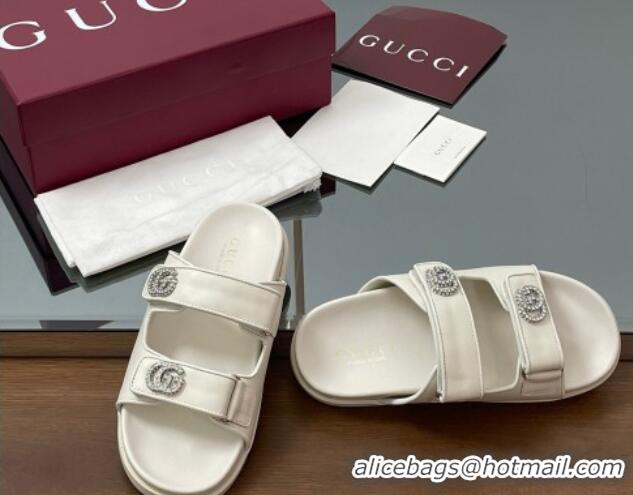Sophisticated Gucci Leather Flat Slides Sandal with Strass Double G White 2025 816633