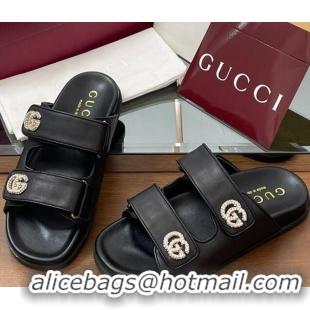 Hot Style Gucci Leather Flat Slides Sandal with Strass Double G Black 2025 816633