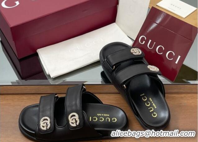 Hot Style Gucci Leather Flat Slides Sandal with Strass Double G Black 2025 816633