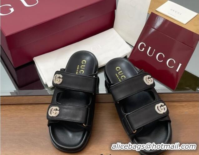 Hot Style Gucci Leather Flat Slides Sandal with Strass Double G Black 2025 816633