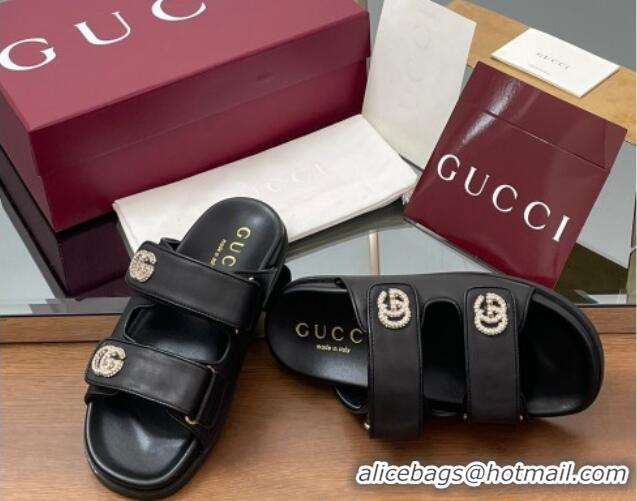 Hot Style Gucci Leather Flat Slides Sandal with Strass Double G Black 2025 816633
