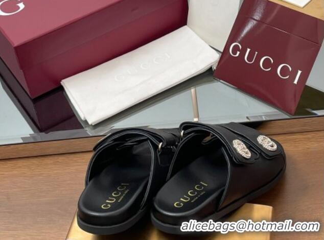 Hot Style Gucci Leather Flat Slides Sandal with Strass Double G Black 2025 816633