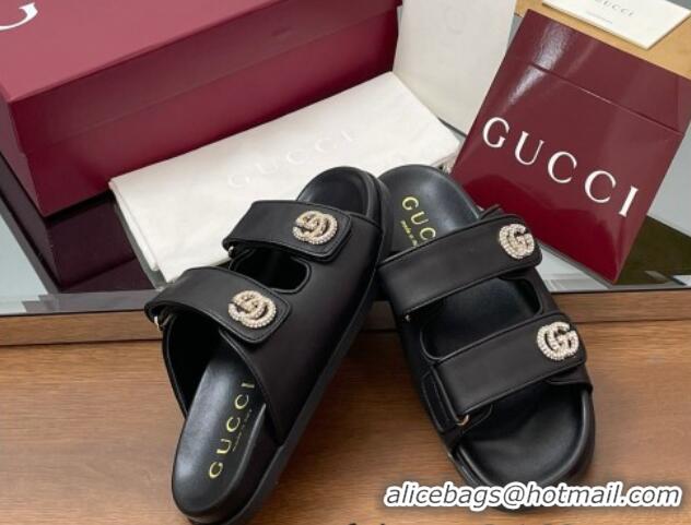 Hot Style Gucci Leather Flat Slides Sandal with Strass Double G Black 2025 816633