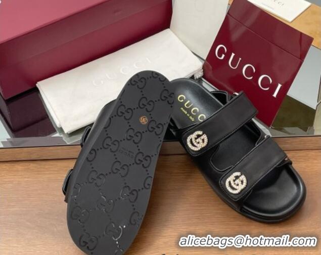 Hot Style Gucci Leather Flat Slides Sandal with Strass Double G Black 2025 816633