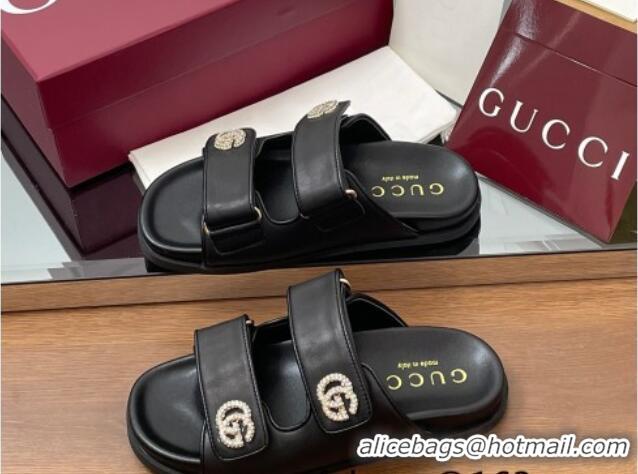 Hot Style Gucci Leather Flat Slides Sandal with Strass Double G Black 2025 816633