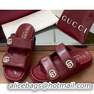 Duplicate Gucci Leather Flat Slides Sandal with Strass Double G Burgundy 2025 816633
