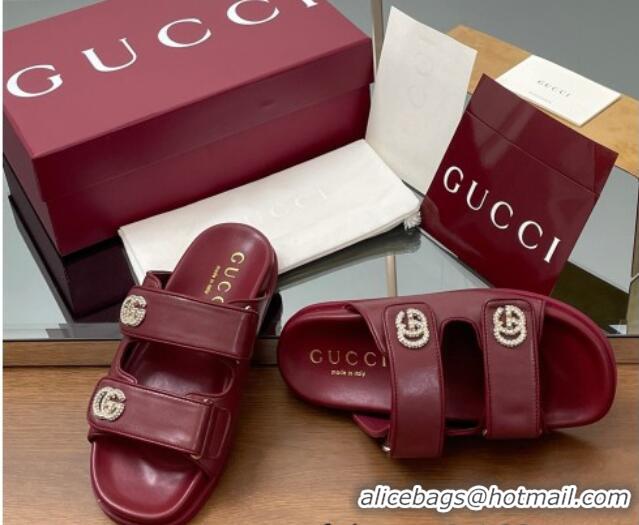 Duplicate Gucci Leather Flat Slides Sandal with Strass Double G Burgundy 2025 816633