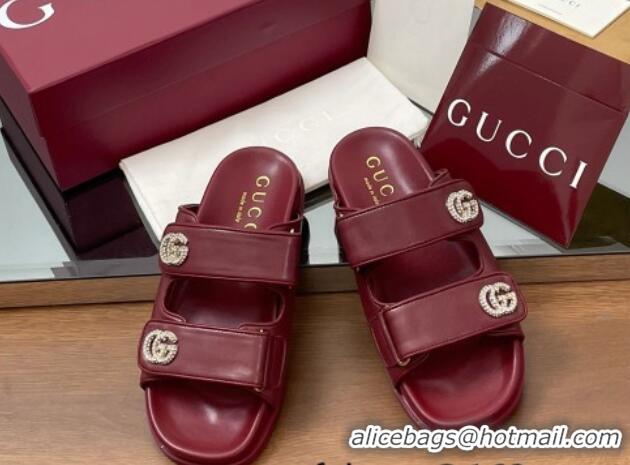 Duplicate Gucci Leather Flat Slides Sandal with Strass Double G Burgundy 2025 816633