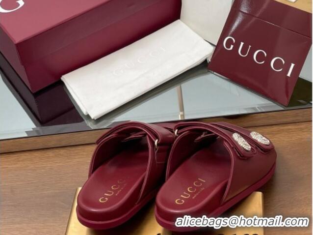 Duplicate Gucci Leather Flat Slides Sandal with Strass Double G Burgundy 2025 816633