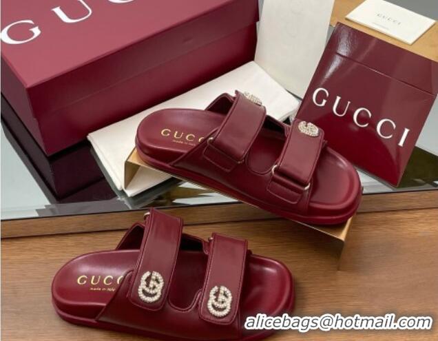 Duplicate Gucci Leather Flat Slides Sandal with Strass Double G Burgundy 2025 816633