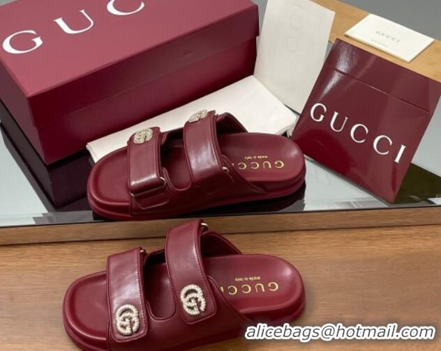 Duplicate Gucci Leather Flat Slides Sandal with Strass Double G Burgundy 2025 816633