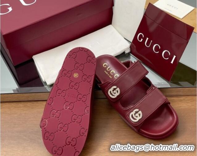 Duplicate Gucci Leather Flat Slides Sandal with Strass Double G Burgundy 2025 816633