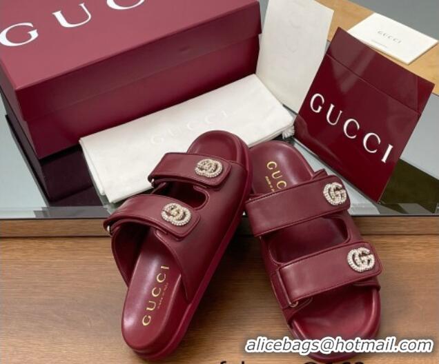 Duplicate Gucci Leather Flat Slides Sandal with Strass Double G Burgundy 2025 816633