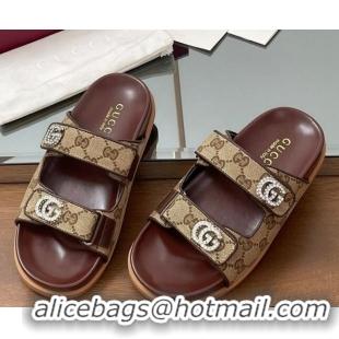 Fashion Gucci GG Canvas Flat Slides Sandal with Strass Double G Beige 2025 816633