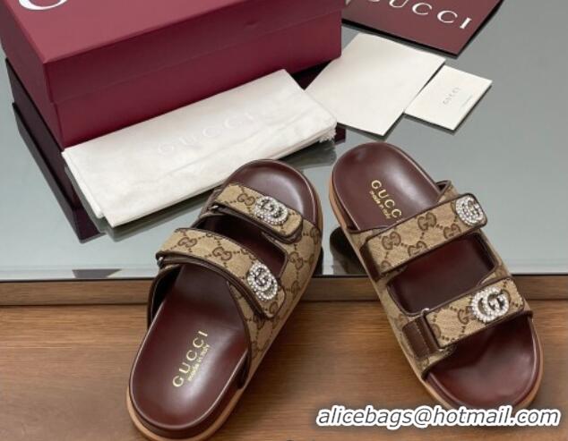 Fashion Gucci GG Canvas Flat Slides Sandal with Strass Double G Beige 2025 816633