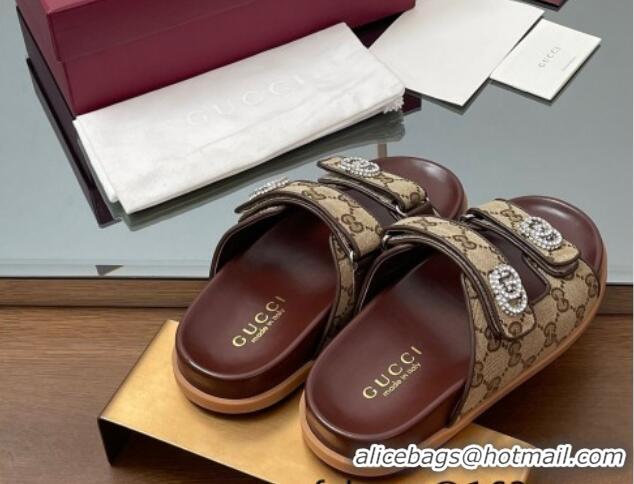 Fashion Gucci GG Canvas Flat Slides Sandal with Strass Double G Beige 2025 816633