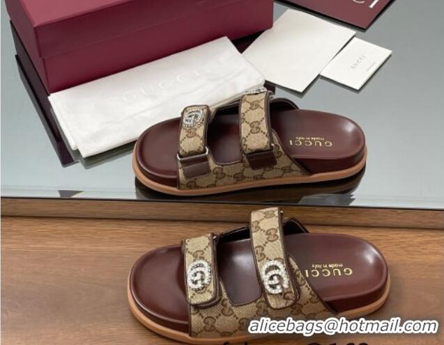 Fashion Gucci GG Canvas Flat Slides Sandal with Strass Double G Beige 2025 816633