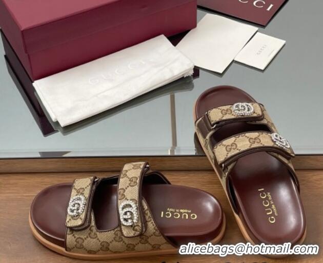 Fashion Gucci GG Canvas Flat Slides Sandal with Strass Double G Beige 2025 816633