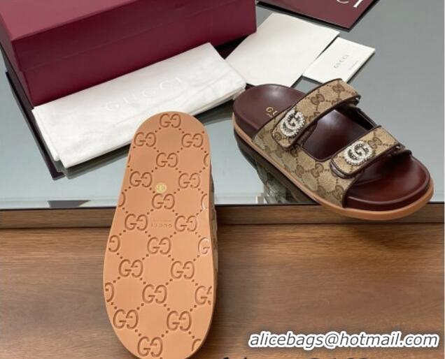 Fashion Gucci GG Canvas Flat Slides Sandal with Strass Double G Beige 2025 816633