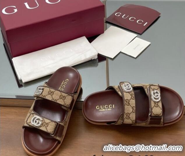 Fashion Gucci GG Canvas Flat Slides Sandal with Strass Double G Beige 2025 816633