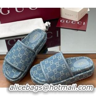 Good Quality Gucci GG Denim Platform Slides Sandal Blue 2025 816797