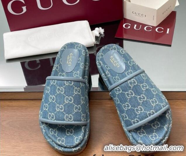 Good Quality Gucci GG Denim Platform Slides Sandal Blue 2025 816797